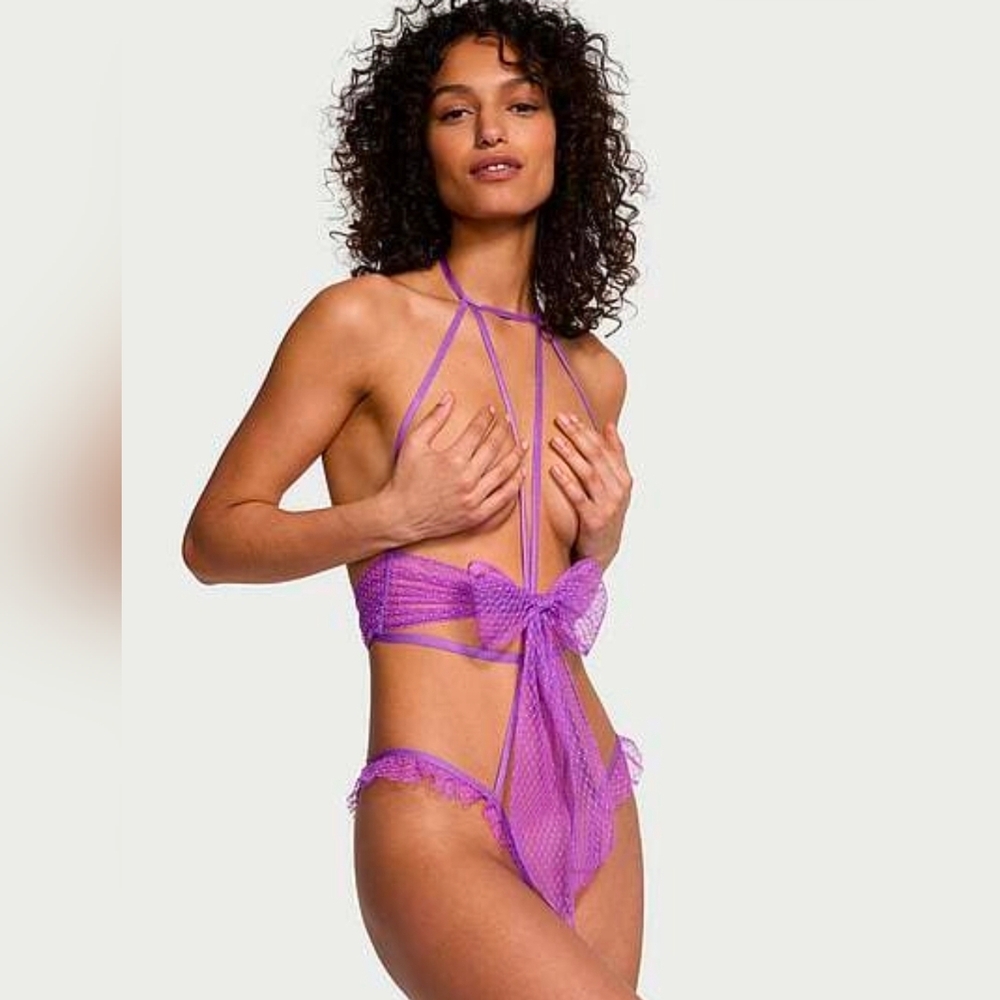 Very Sexy Bow Mesh Open-Cup Crotchless PlaysuitWrapped up with a bow